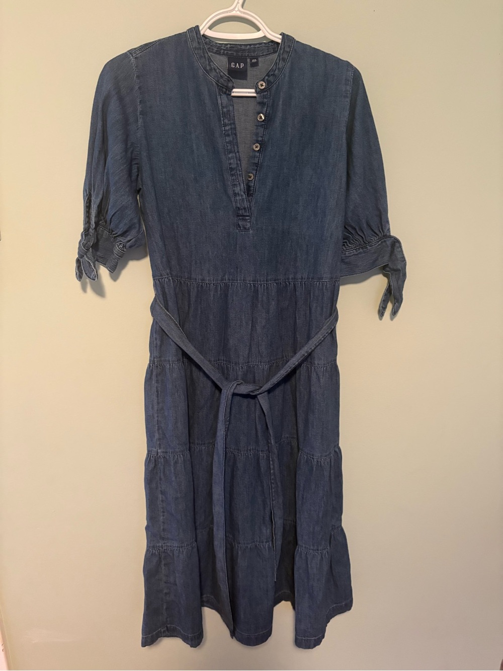 GAP Indigo Chambray Tiered Midi Dress with Tie Waist